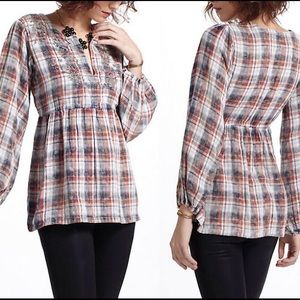 ARTISN DE LUXE Embroidered Tartan Plaid Peasant Blouse XS